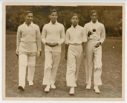 Kumar Sri Ranjitsinhji. Cambridge University, Sussex &amp; England 1893-1920. Ranjitsinhji's nephews. Original sepia press photograph of four of Ranji's young nephews standing together in cricket attire. The press caption to verso names the boys as, K.S. 