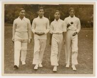 Kumar Sri Ranjitsinhji. Cambridge University, Sussex &amp; England 1893-1920. Ranjitsinhji's nephews. Original sepia press photograph of four of Ranji's young nephews standing together in cricket attire. The press caption to verso names the boys as, K.S. 