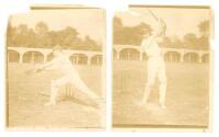 Kent C.C.C. Three early sepia photographs, two feature James Seymour in batting poses at Lord's c.1910. Both measure 4&quot;x5&quot;. Photographer unknown. Both images with creasing, tears and some loss. The other depicts Frank Woolley in bowling pose, pr