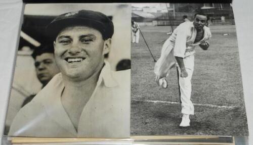 Test and County photographs late 1940s-1970s. Black file comprising approx. one hundred original mono press photographs, including match action, teams, player portraits etc. Subjects include Don Bradman playing golf on the 1948 tour. Norman Yardley and Do