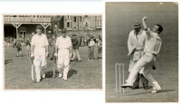 Kenneth Cranston. Lancashire &amp; England 1947-1948. Original mono press photograph of Cranston and Norman Yardley walking out to bat at Scarborough in either the 1947, 1948 or 1950 season. Nicely signed in ink by both Cranston and Yardley. 8.25&quot;x6.