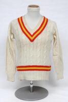 Kenneth Cranston. Lancashire &amp; England 1947-1948. Marylebone Cricket Club long sleeved cricket sweater worn by Cranston during his first class playing career. The sweater, by Paine of Godalming, with trimming in M.C.C. colours of red and yellow to ne