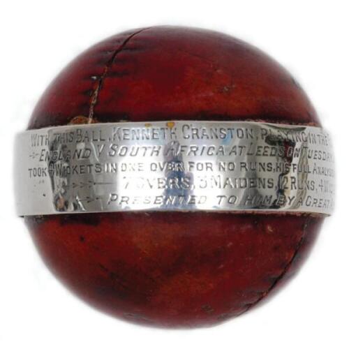 Kenneth Cranston. Lancashire &amp; England 1947-1948. Alfred Reader 'Special County' cricket ball used by Kenneth Cranston to take four wickets for England in one over against South Africa in the fourth Test played at Headingley, Leeds on the 29th July 19