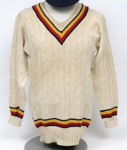 Kenneth Cranston. Lancashire &amp; England 1947-1948. Two M.C.C. touring sweaters worn by Cranston on the tour of the West Indies in 1947/48. Long sleeved and sleeveless sweaters, by Jaeger of London, with trimming to neck, waist and sleeve in M.C.C. colo