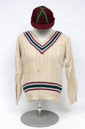 Kenneth Cranston. Lancashire &amp; England 1947-1948. Club Cricket Conference cricket cap and long sleeved sweater worn by Cranston whilst representing the club. The cap, by Foster of London &amp; Oxford, decorated in club colours of maroon, green and yel