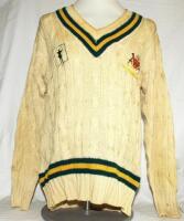 Chris Broad. Gloucestershire, Nottinghamshire &amp; England 1979-1994. Woollen long sleeve sweater by Luke Eyres of Cambridge with Nottinghamshire colours to waist and neck, county coat of arms emblem and sponsor's logo for Home Ales to chest. Initials 'C
