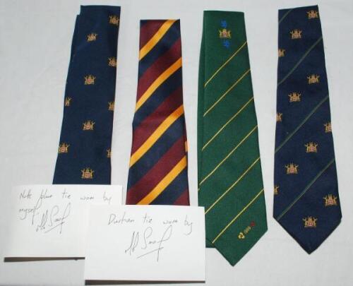 Nottinghamshire C.C.C. ties. Two official Nottinghamshire player ties, one issued to Kevin Cooper, the other to Mark Saxelby. Also an official players' tie for the NatWest trophy match, Nottinghamshire v Devon 1988 issued to Cooper, and a Durham C.C.C. pl
