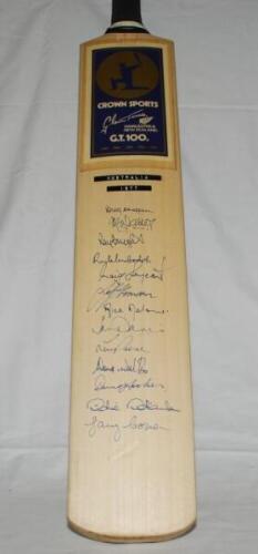 Australia tour to England 1977. 'Crown Sports Glenn Turner G.T.100' full size bat very nicely signed in blue ink to the face by thirteen members of the Australian touring party. Signatures are Chappell (Captain), Walker, Bright, McCosker, Sergeant, Thomso