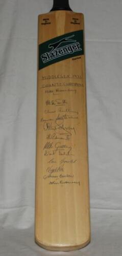 Middlesex C.C.C. County Champions 1976. Slazenger Harrow size bat very nicely signed to the face by twelve members of the Middlesex Championship winning team. Signatures are Brearley (Captain), Smith, Radley, Featherstone, Selvey, Edmonds, Gatting, Butche