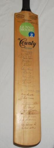 England, New Zealand and Counties 1973. Gunn &amp; Moore 'The County' full size cricket bat signed to the face by eleven members of the England Test team and ten members of the New Zealand touring party. England signatures are Illingworth (Captain), Boyco