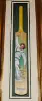 'Procter'. Full size cricket bat featuring a hand painted portrait by 'du Preez' of Procter in bowling action to face of bat and extending to one edge. Boldly signed in full to the face by Procter. Artist's signature to edge. Mounted in display case. Som