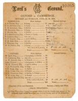 Oxford University v Cambridge University 1874. Early official scorecard for the match played at Lord's 29th- 30th June 1874. Handwritten and printed scores. Horizontal fold, tear to one edge and small loss to one corner, otherwise in fair/ good condition 
