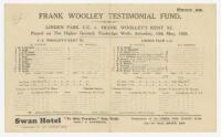 Frank Edward Woolley. Kent &amp; England 1906-1938. Official scorecard for the Frank Woolley Testimonial Fund match, Linden Park C.C. v Frank Woolley's Kent XI, Tunbridge Wells, 14th May 1938. Incomplete handwritten scores. Players who took part include W