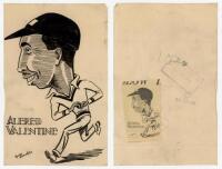 Alfred Louis 'Alf' Valentine. Jamaica &amp; West Indies 1949-1965. Original pen and ink caricature of Valentine by Mickey Durling, dated 1950, and date stamped to verso, 24th June 1950. 5&quot;x8&quot;. Crease to one corner, minor soiling, otherwise in ve