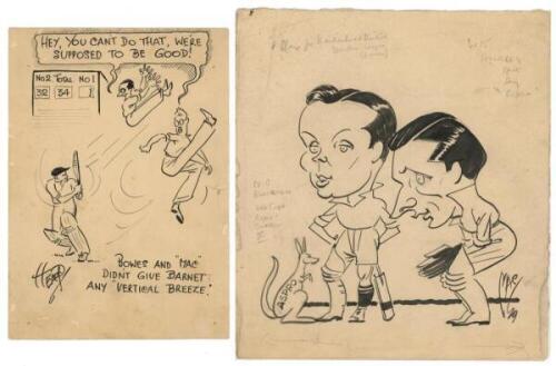 Cricket cartoons 1920s/1930s. Original pen and ink cartoon by 'Heap' of a batsman playing an attacking shot, sending the Yorkshire bowlers flying. The captions read, 'Hey, you can't do that, we're supposed to be good' and 'Bowes and &quot;Mac&quot; [Macau
