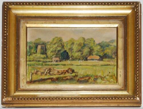 Village Cricket Match. W. Davidson 1951. Attractive original oil on canvas painting of a village cricket scene with church, trees and pavilion in the background. Signed and dated by the artist. The canvas measures approx. 10&quot;x8&quot;. Framed in gilt 