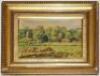 Village Cricket Match. W. Davidson 1951. Attractive original oil on canvas painting of a village cricket scene with church, trees and pavilion in the background. Signed and dated by the artist. The canvas measures approx. 10&quot;x8&quot;. Framed in gilt 