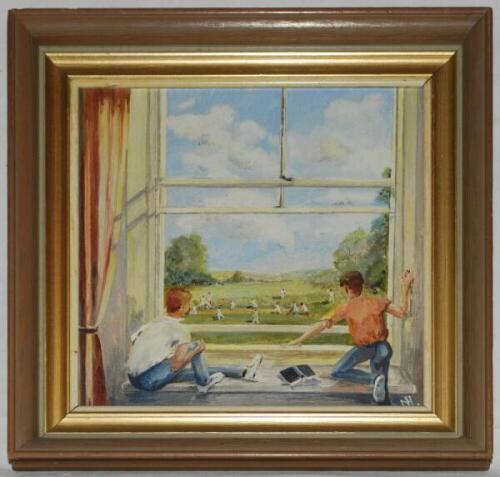 'The Cricket Match'. Norman Hunter. Original attractive scene in oil/ acrylic of two boys watching a cricket match through a window in a country setting. Signed 'NH', date unknown. Inscription to back board with the title and artist's name. 11&quot;x11&qu