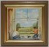 'The Cricket Match'. Norman Hunter. Original attractive scene in oil/ acrylic of two boys watching a cricket match through a window in a country setting. Signed 'NH', date unknown. Inscription to back board with the title and artist's name. 11&quot;x11&qu