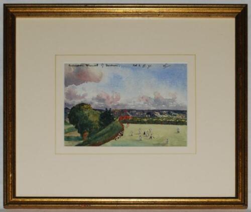 'Cricket on Dartmoor'. Norman Stevenson 1895. Original watercolour by Stevenson of an attractive scene looking out over Dartmoor with a cricket match in progress in the foreground. Dated 6th July [18]95. Approx. 7&quot;x5&quot;. Mounted, framed and glazed
