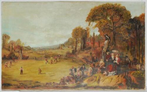 'Village Cricket'. W.A. Maine after John Ritchie. Original oil on canvas painting of the scene of a cricket match in progress in a valley with spectators looking on from a wooded hillside, as depicted in the original by John Ritchie (1855) held in the M.C