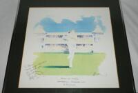 Angus Robert Charles Fraser. Middlesex &amp; England 1984-2002. Original colour print of a watercolour of Fraser in bowling action with the Lord's pavilion in the background. Artist unidentified. Hand printed title to lower border, 'Angus R.C. Fraser. Sta