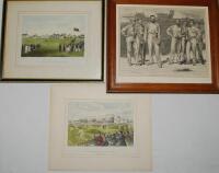 Early cricket engravings. Three early prints, of which two are hand coloured, 'Cricketing (Lord's Cricket Ground, St. John's Wood, Match of the Gentlemen &amp; Players)', and 'International Cricket Match at Kennington Oval', both depicting general views o