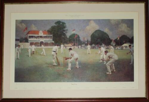 'Kent v Lancashire at Canterbury 1906'. Albert Chevallier Tayler 1907. Large colour limited edition print of Blythe bowling to Tyldesley with the fielders around the bat. Signed to lower border in pencil by Colin Cowdrey and E.W. Swanton, with facsimile s