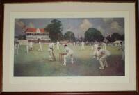'Kent v Lancashire at Canterbury 1906'. Albert Chevallier Tayler 1907. Large colour limited edition print of Blythe bowling to Tyldesley with the fielders around the bat. Signed to lower border in pencil by Colin Cowdrey and E.W. Swanton, with facsimile s