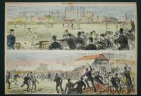 'The Australian Cricketers at Kennington Oval' 1880. The First Test Match in England. Original large double page hand coloured engraving taken from The Illustrated London News 15th September 1880 of two scenes from the first Test match in England. One dep