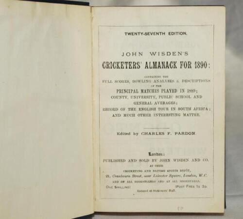 Wisden Cricketers' Almanack 1890. 27th edition. Bound in blue boards, lacking original paper wrappers and advertising pages, with gilt titles to spine, red speckled page edges. Book plate of Frank Eckersley, book stamp of Warwickshire statistician Edward 