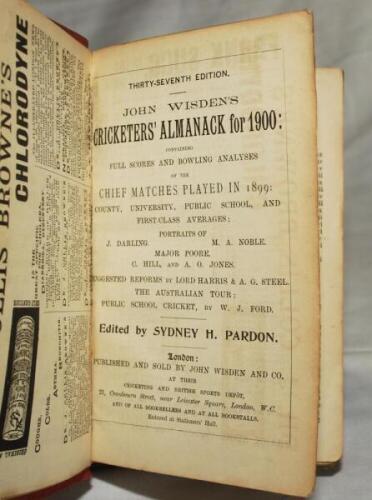 Wisden Cricketers' Almanack 1900. 37th edition. Bound in red boards, lacking original paper wrappers, with gilt titles to spine. Some wear to boards, some breaking to front and rear internal hinges, lacking first advertising page, some soiling to first fe