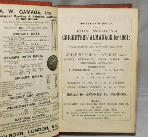 Wisden Cricketers' Almanack 1901. 38th edition. Bound in red boards, lacking original paper wrappers, with gilt titles to spine. Some wear to boards, some breaking to rear internal hinges, some soiling to first few outer pages at front and rear otherwise 