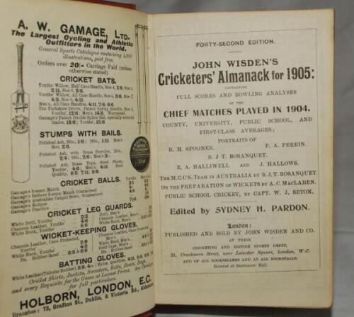 Wisden Cricketers' Almanack 1905. 42nd edition. Bound in red boards, lacking original paper wrappers, with gilt titles to spine. Some wear and slight damage to boards, some breaking to the rear internal hinge otherwise in good condition. Book plate of Geo