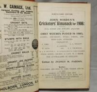 Wisden Cricketers' Almanack 1906. 43rd edition. Bound in red boards, lacking original paper wrappers, with gilt titles to spine. Some wear to boards, some breaking to the front internal hinge otherwise in good condition. Book plate of George Henry Wood to