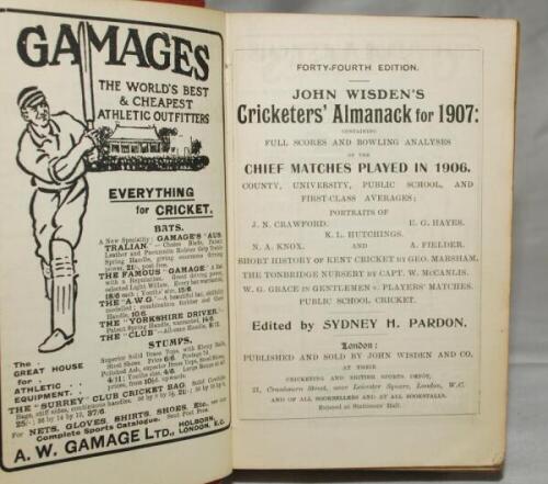 Wisden Cricketers' Almanack 1907. 44th edition. Bound in red boards, lacking original paper wrappers, with gilt titles to spine. Some wear to boards, some breaking to book block otherwise in good condition. Book plate of George Henry Wood to inside front 