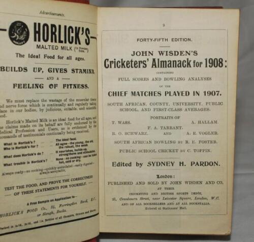 Wisden Cricketers' Almanack 1908. 45th edition. Bound in red boards, lacking original paper wrappers, with gilt titles to spine. Some wear to boards, some breaking to book block otherwise in good condition. Book plate of George Henry Wood to inside front 