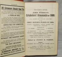 Wisden Cricketers' Almanack 1909. 46th edition. Bound in red boards, lacking original paper wrappers, with gilt titles to spine. Some wear to boards, some minor breaking to book block otherwise in good condition. Book plate of George Henry Wood to inside 