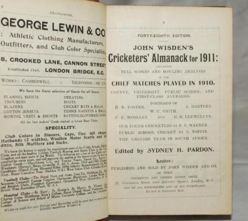 Wisden Cricketers' Almanack 1911. 48th edition. Bound in red boards, lacking original paper wrappers, with gilt titles to spine. Some wear to boards, some minor breaking to book block, some breaking to front and rear internal hinges otherwise in good cond