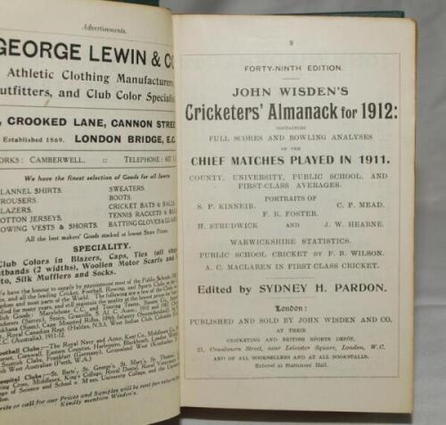Wisden Cricketers' Almanack 1912. 49th edition. Bound in blue/green boards, lacking original paper wrappers, with gilt titles to spine. Good condition - cricket