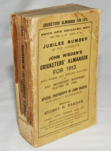Wisden Cricketers' Almanack 1913. 50th (Jubilee) edition. Original paper wrappers. Some soiling, age toning and wear to wrappers, some loss to spine paper, some splitting to edge of front wrapper where it meets the spine otherwise in good condition - cric