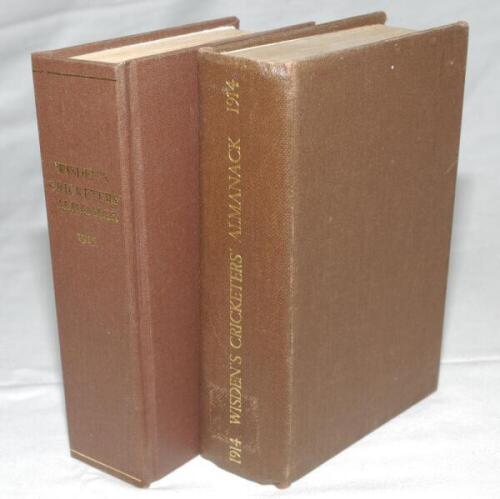 Wisden Cricketers' Almanack 1914. 51st edition. Original paper wrappers, bound in dark brown boards with titles in gilt to spine. Some age toning and minor wear to wrappers otherwise in good condition. Stamp of 'Canberra College of Advanced Education' to 