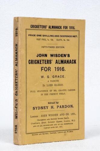 Wisden Cricketers' Almanack 1916. 53rd edition. Original paper wrappers. Some very minor wear to wrappers and minor wear and slight age toning to the spine otherwise in very good condition. Rare war-time edition - cricket