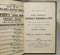Wisden Cricketers' Almanack 1917. 54th edition. Bound in blue/green quarter boards, lacking original wrappers and first two advertising pages, titles in gilt to spine. Some darkening to top of book page edge otherwise in good condition. Rare war-time edi
