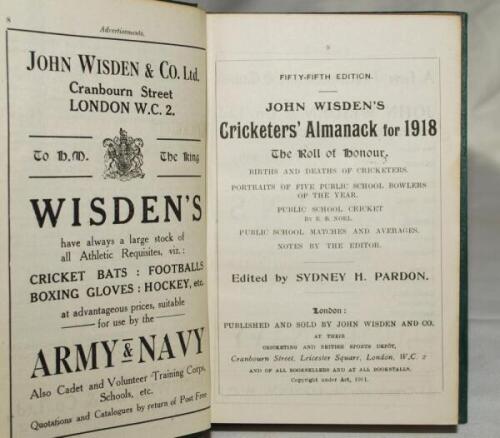 Wisden Cricketers' Almanack 1918. 55th edition. Bound in blue/green quarter boards, lacking original wrappers, titles in gilt to spine. Some darkening to top of book page edge otherwise in good condition. Rare war-time edition - cricket