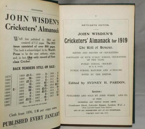 Wisden Cricketers' Almanack 1919. 56th edition. Bound in blue/green quarter boards, lacking original wrappers, titles in gilt to spine. Some darkening to top of book page edge otherwise in good condition. Rare war-time edition - cricket