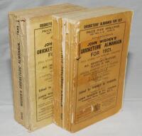 Wisden Cricketers' Almanack 1921 and 1923. 58th &amp; 60th editions. Original paper wrappers. The 1921 edition with broken page block, page sections becoming slightly loose, old tape marks to wrappers, some loss to spine paper, contents good. The 1923 edi