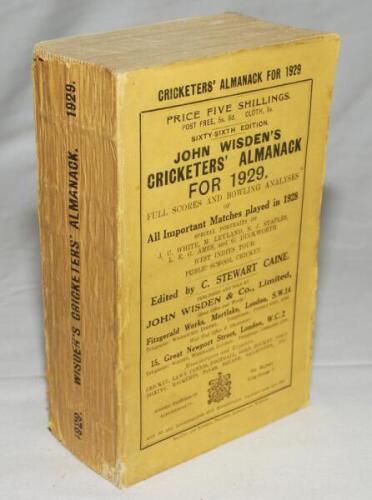 Wisden Cricketers' Almanack 1929. 66th edition. Original paper wrappers. Minor wear to wrappers and spine paper otherwise in good/very good condition - cricket