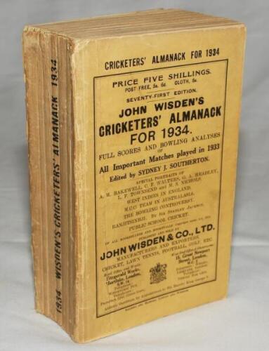 Wisden Cricketers' Almanack 1934. 71st edition. Original paper wrappers. Some wear to wrappers and spine paper, some loss to spine paper otherwise in good condition - cricket