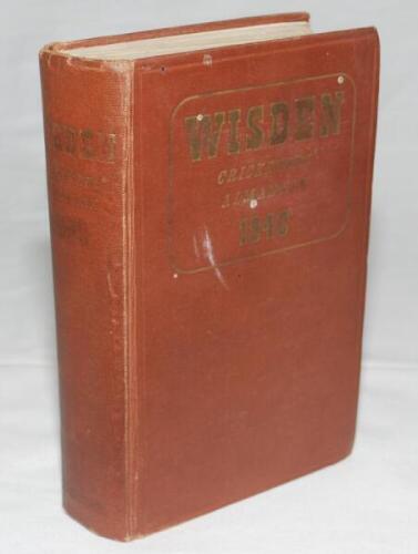 Wisden Cricketers' Almanack 1940. 77th edition. Original hardback. Limited number of copies printed in this war year. Broken front and rear internal hinges, dulling to gilt titles on the front board and spine paper, small white paint spots to front board,